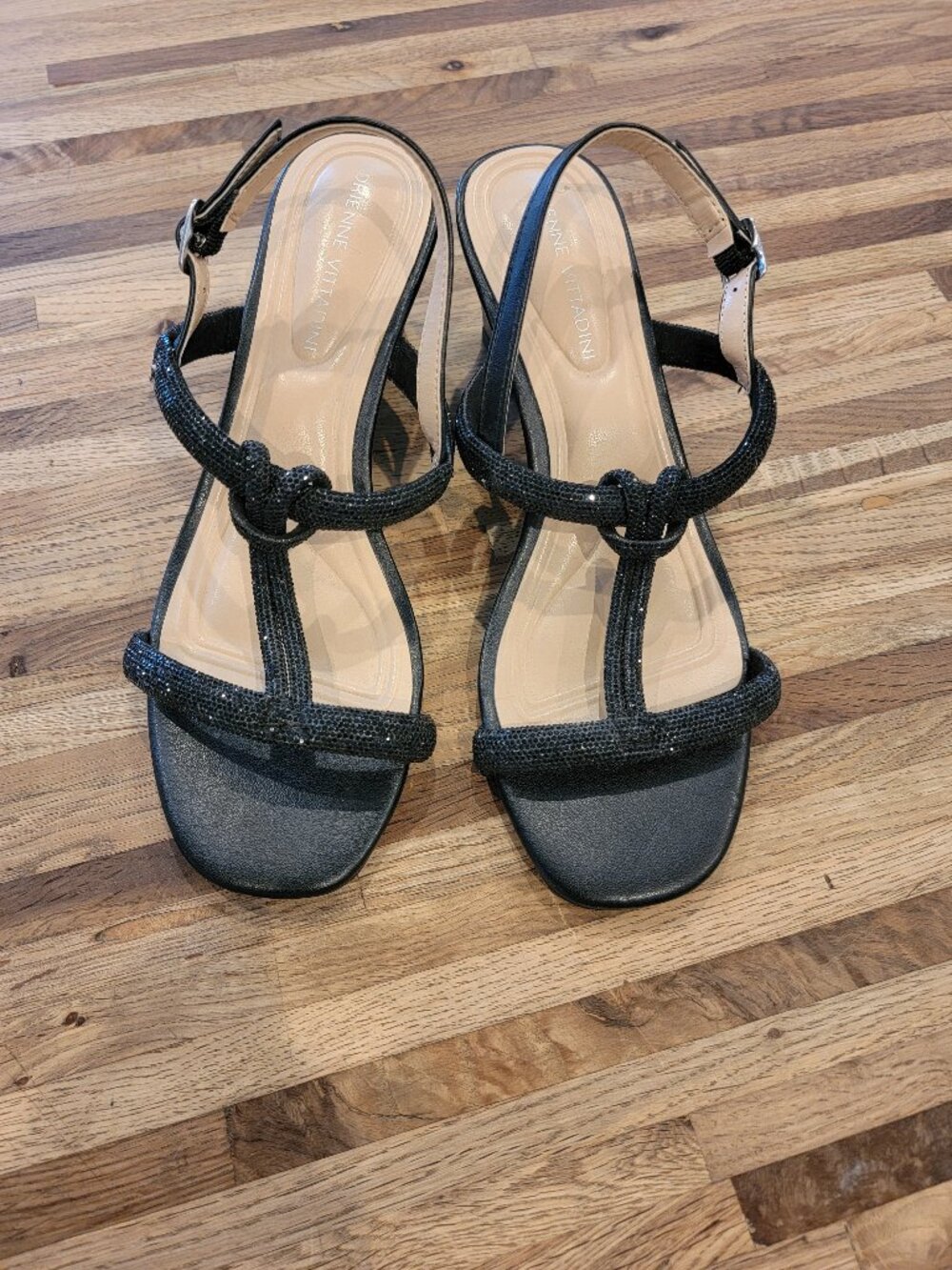 Adrienne Vittadini black rhinestone T-strap  wedge heel sandals.